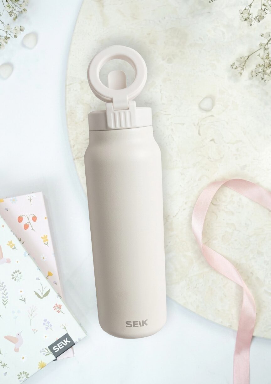 2-in-1 Thermos-juomapullo magneettisella puhelinpidikkeellä – Valkoinen
