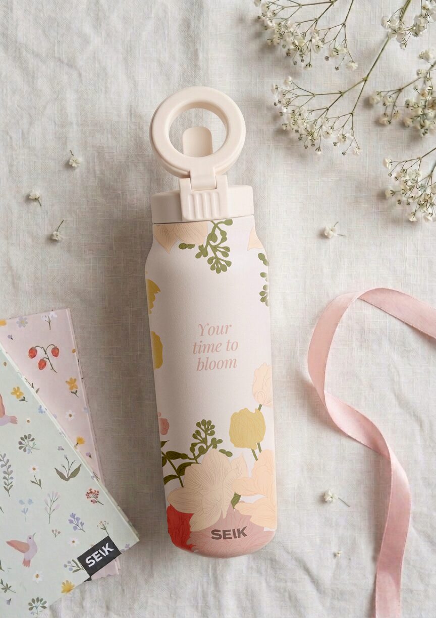 2-in-1 Thermos-juomapullo magneettisella puhelinpidikkeellä – Aika puhjeta kukkaan